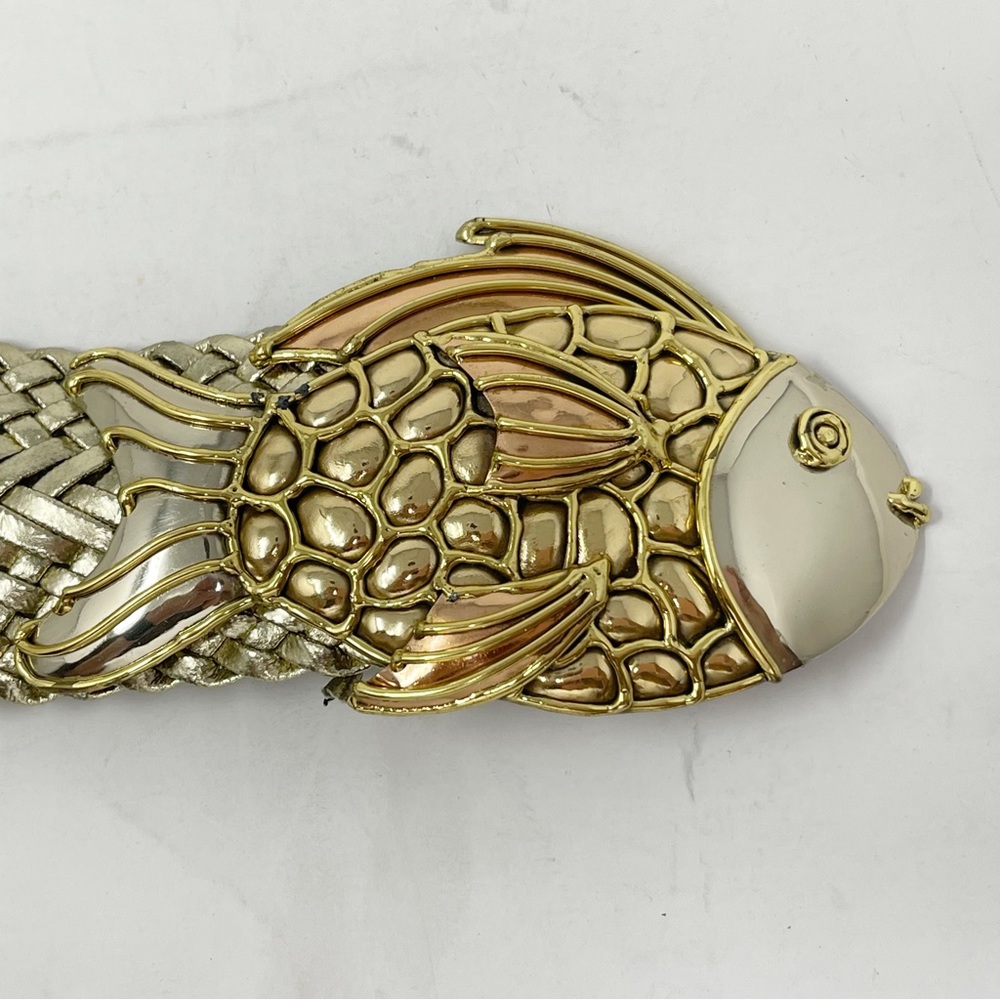 OOAK Vintage Women’s Gold Tone Brass Fish Buckle Woven Leather Belt Adjustable - Picture 3 of 8